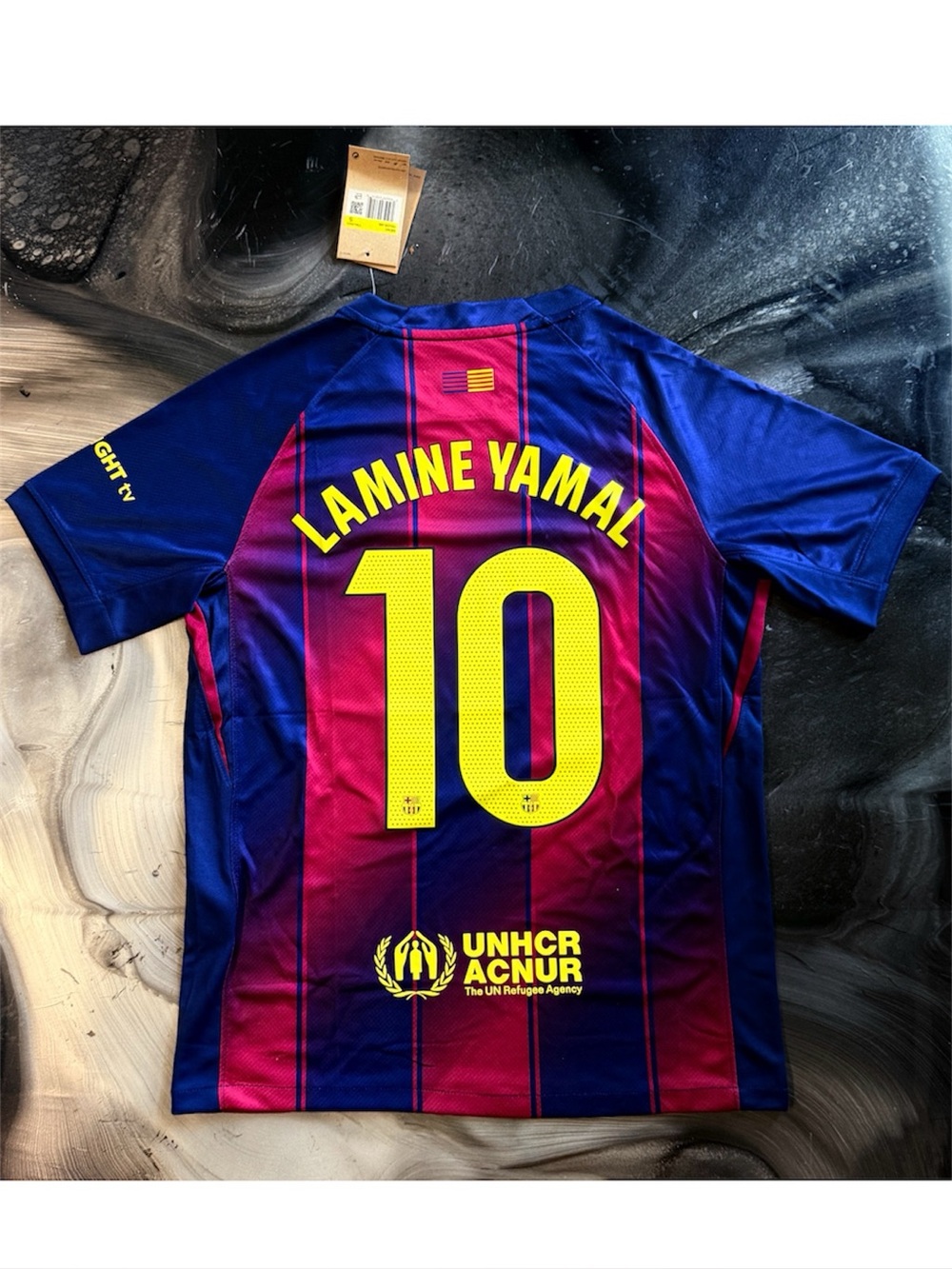Men's Blue and Red Football Jersey with Yellow Number 10 Yamal Barcelona